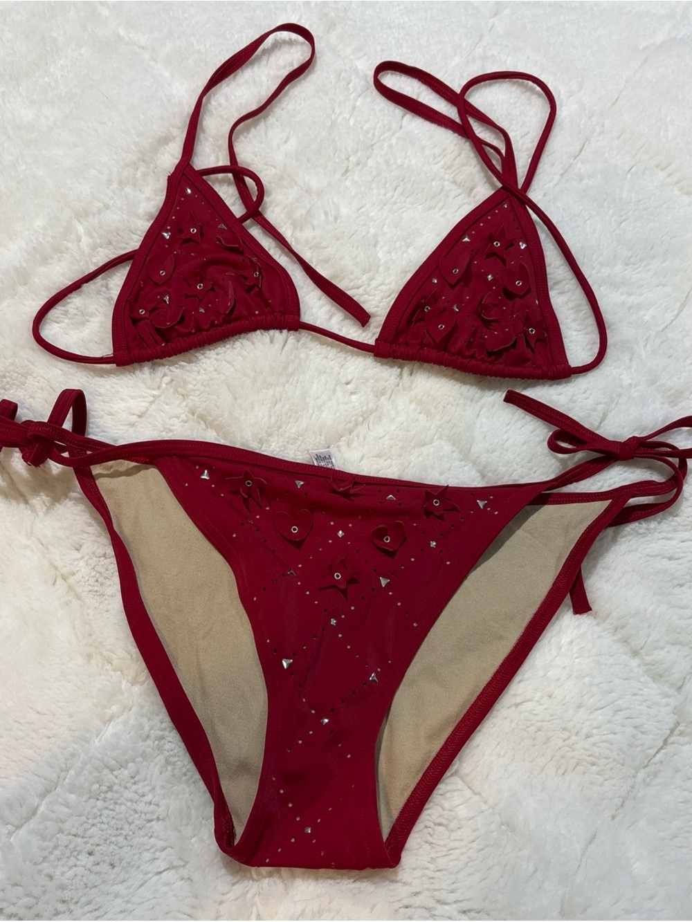 VTG Y2K Victoria's Secret Women's Triangle Bikini Set Red Studded Cutouts